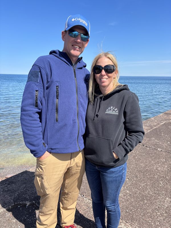 Keith Rockhill and his wife on a Lake Superior breakwall